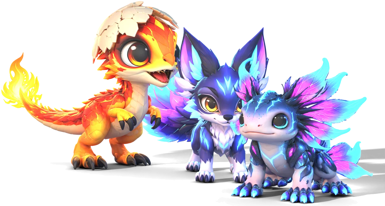 Spark Lizard, Neon Fox Cub and Bubble Axolotl